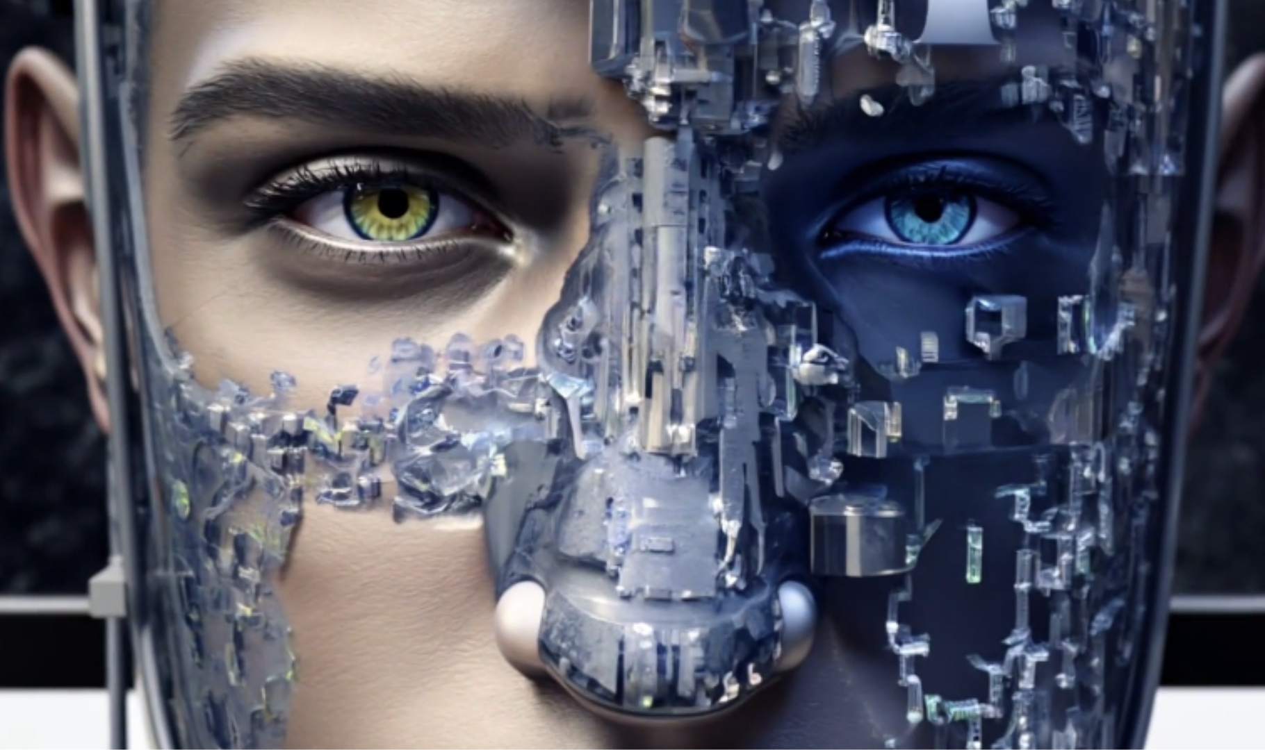 DA im Fokus – KI mit Weitblick fürs Recruiting Nahaufnahme von DA – der digitalen Aufmerksamkeit – mit großen, KI-artigen Augen und detailreichem Computergesicht.