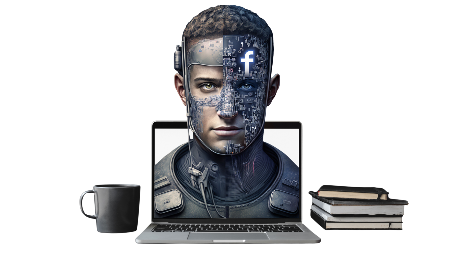 DA – die digitale Aufmerksamkeit – schaut aus einem Laptop; daneben Bücher und eine Kaffeetasse – Symbol für smartes, datenbasiertes Recruiting.